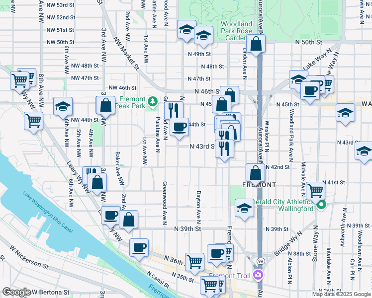 map of restaurants, bars, coffee shops, grocery stores, and more near 4317 Francis Avenue North in Seattle