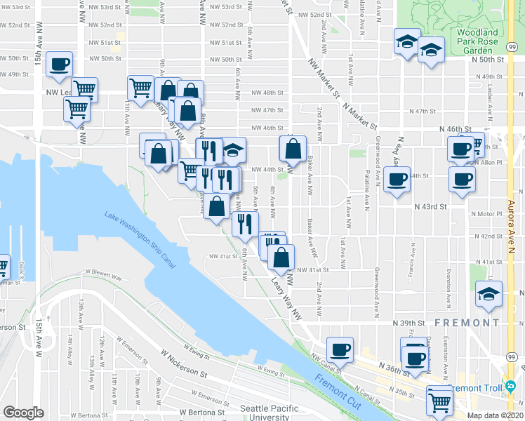 map of restaurants, bars, coffee shops, grocery stores, and more near 4314 5th Avenue Northwest in Seattle