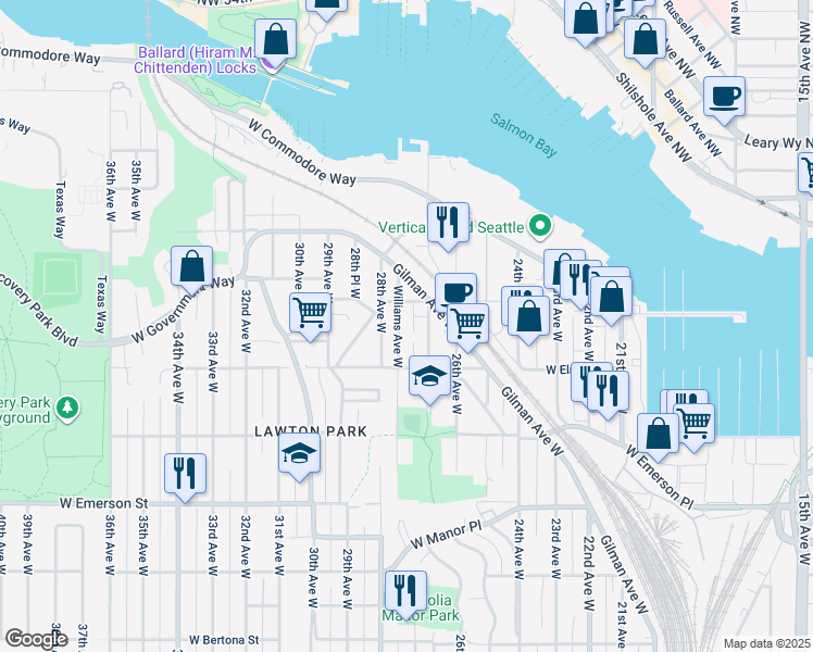 map of restaurants, bars, coffee shops, grocery stores, and more near 4401 Williams Avenue West in Seattle