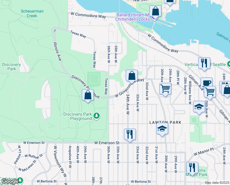 map of restaurants, bars, coffee shops, grocery stores, and more near 4333 35th Avenue West in Seattle