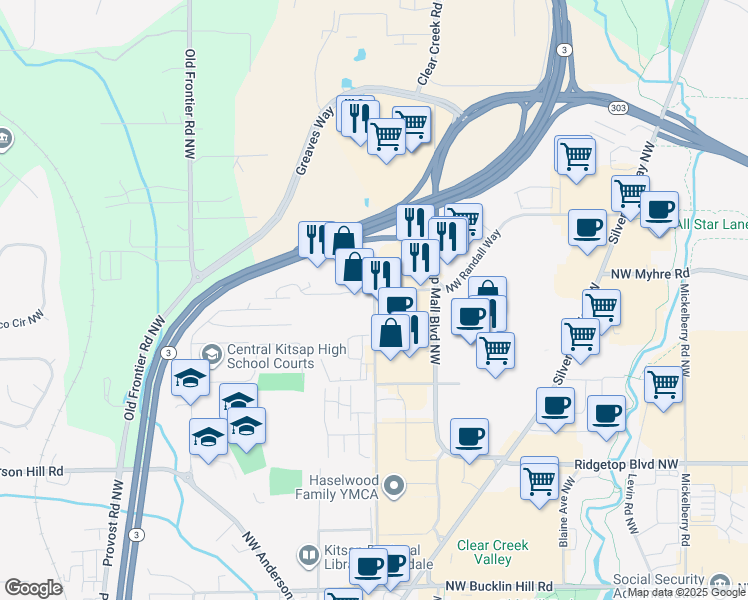 map of restaurants, bars, coffee shops, grocery stores, and more near 3230 Northwest Randall Way in Silverdale