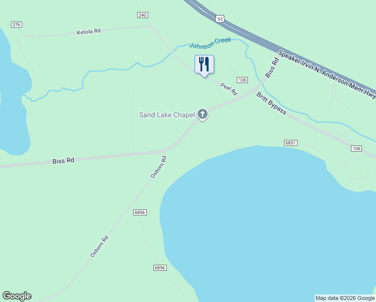 map of restaurants, bars, coffee shops, grocery stores, and more near 9070-9084 Biss Road in Britt