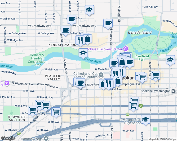 map of restaurants, bars, coffee shops, grocery stores, and more near 1225 West Main Avenue in Spokane