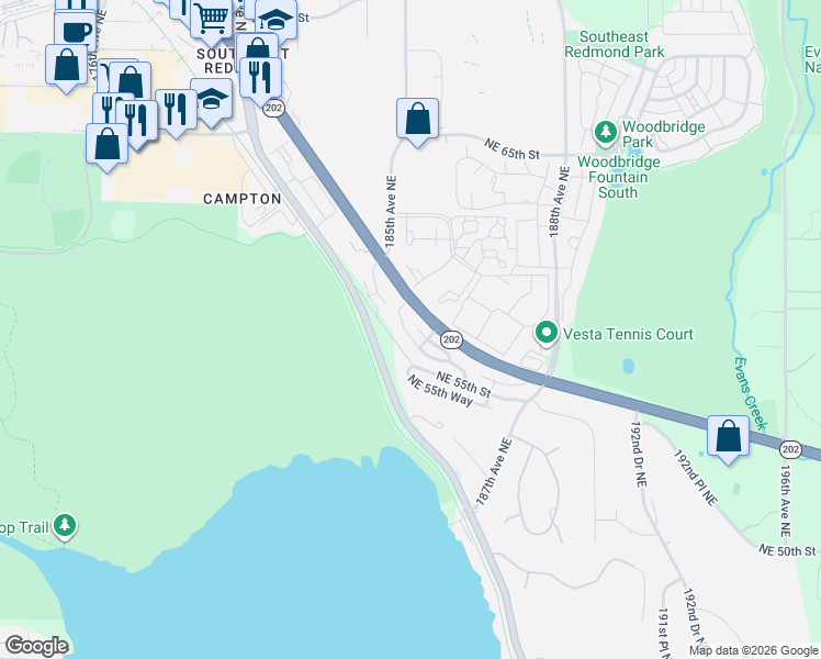 map of restaurants, bars, coffee shops, grocery stores, and more near 18544 Northeast 57th Street in Redmond