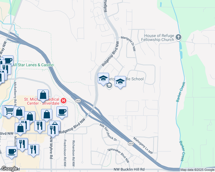 map of restaurants, bars, coffee shops, grocery stores, and more near 10600 Hillsboro Drive Northwest in Silverdale