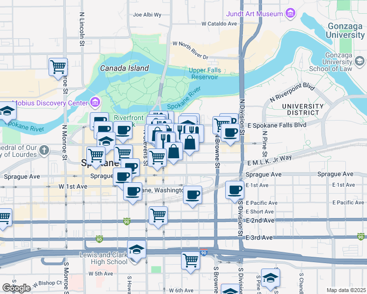 map of restaurants, bars, coffee shops, grocery stores, and more near 301 West Main Avenue in Spokane