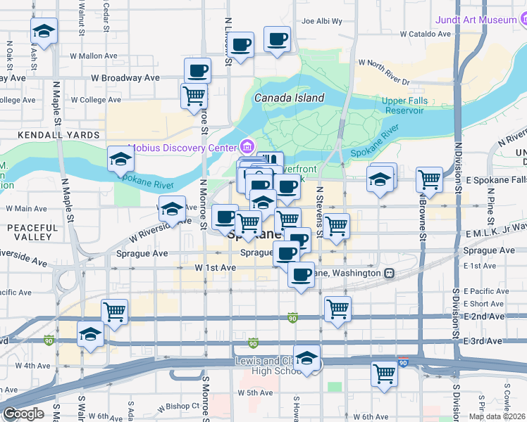 map of restaurants, bars, coffee shops, grocery stores, and more near 707 West Main Avenue in Spokane