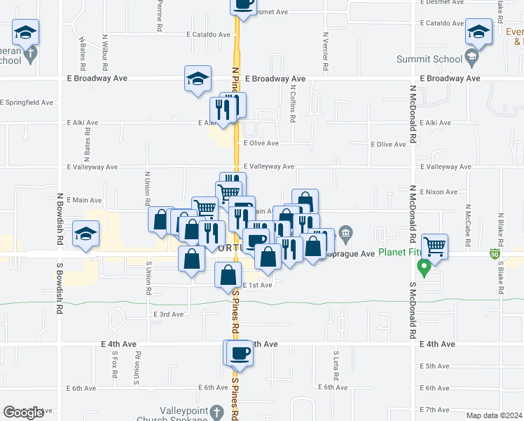 map of restaurants, bars, coffee shops, grocery stores, and more near 202 North Pines Road in Spokane Valley