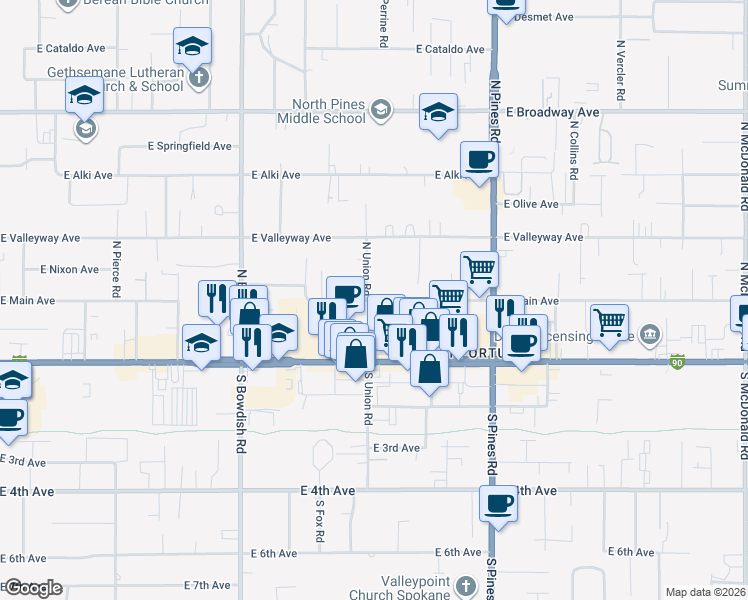map of restaurants, bars, coffee shops, grocery stores, and more near 208 North Union Road in Spokane Valley