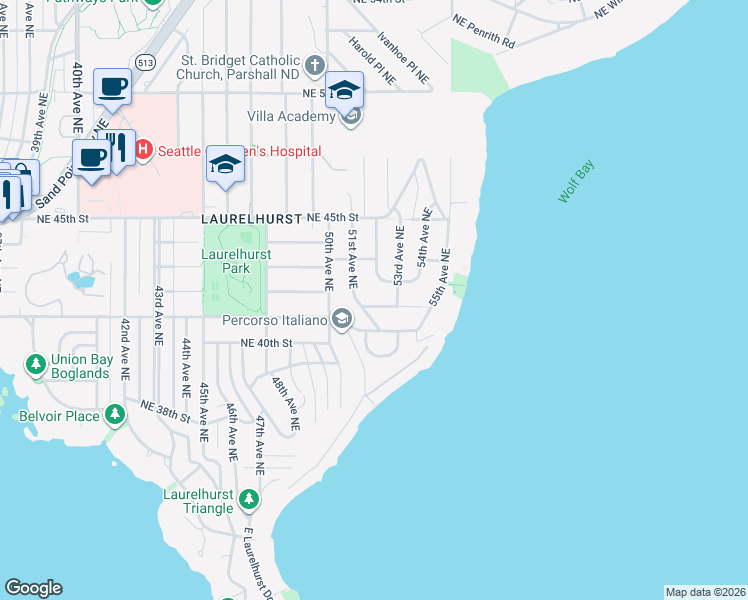 map of restaurants, bars, coffee shops, grocery stores, and more near 4230 51st Avenue Northeast in Seattle