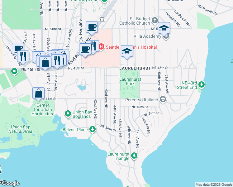 map of restaurants, bars, coffee shops, grocery stores, and more near 4326 Northeast 42nd Street in Seattle