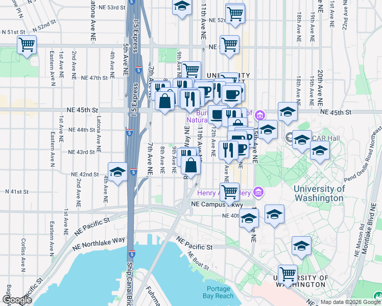 map of restaurants, bars, coffee shops, grocery stores, and more near in Seattle