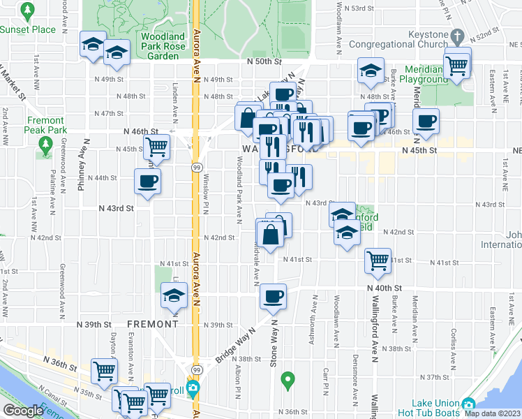 map of restaurants, bars, coffee shops, grocery stores, and more near in Seattle