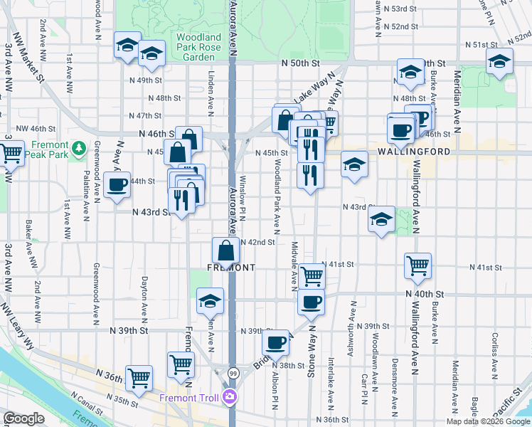 map of restaurants, bars, coffee shops, grocery stores, and more near 959 North 43rd Street in Seattle