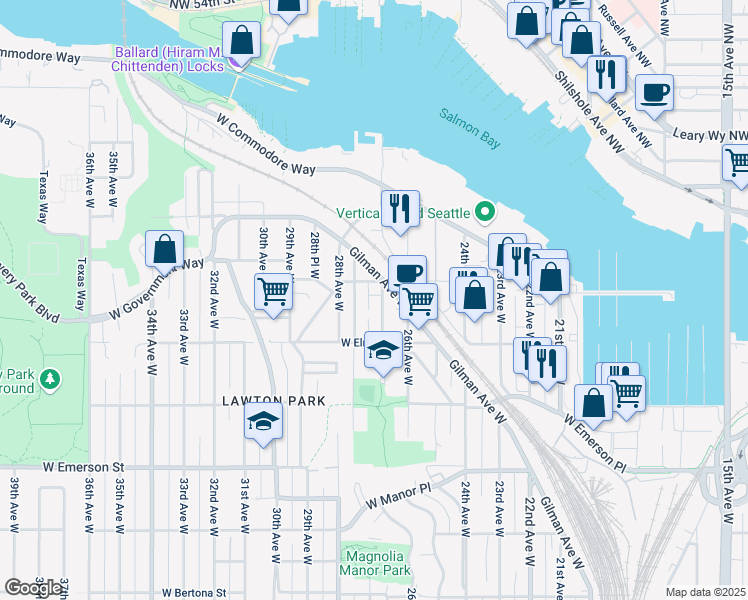 map of restaurants, bars, coffee shops, grocery stores, and more near in Seattle