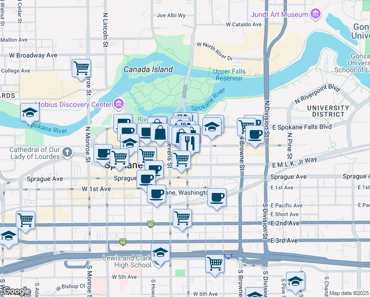 map of restaurants, bars, coffee shops, grocery stores, and more near 203 North Washington Street in Spokane