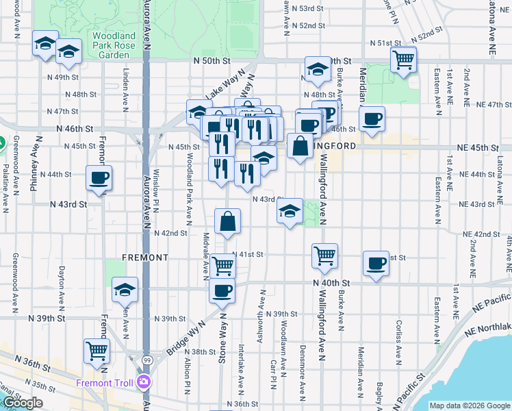 map of restaurants, bars, coffee shops, grocery stores, and more near 4400 Interlake Avenue North in Seattle