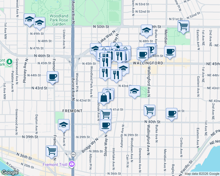 map of restaurants, bars, coffee shops, grocery stores, and more near 1312 North 43rd Street in Seattle