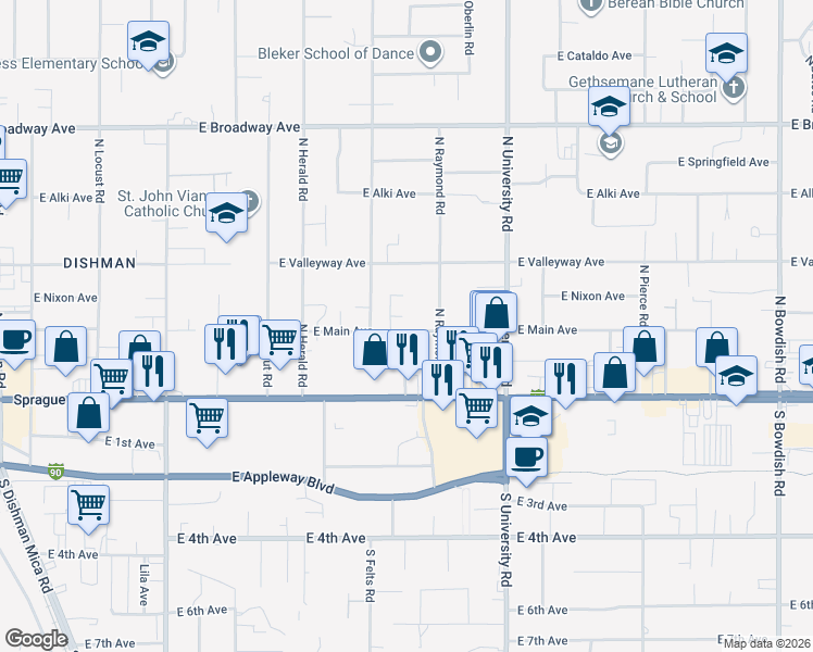 map of restaurants, bars, coffee shops, grocery stores, and more near 10405 East Main Avenue in Spokane Valley
