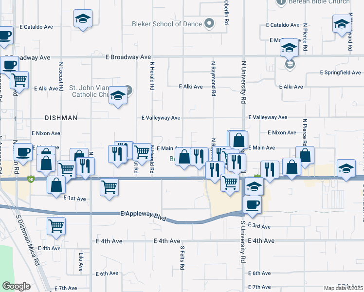 map of restaurants, bars, coffee shops, grocery stores, and more near 223 North Felts Road in Spokane Valley