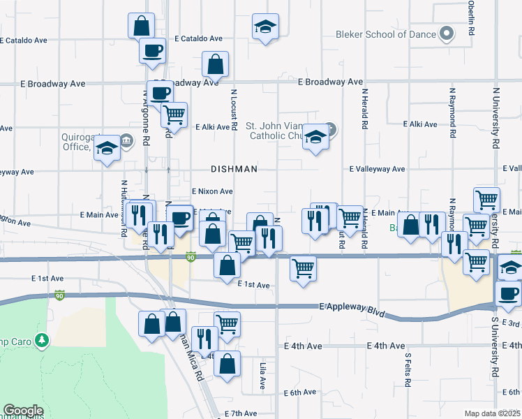 map of restaurants, bars, coffee shops, grocery stores, and more near 212 North Locust Road in Spokane Valley