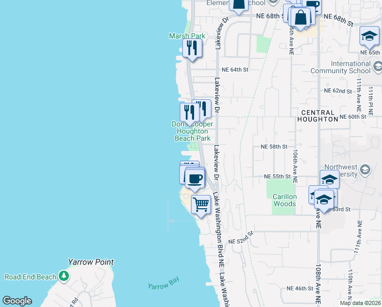 map of restaurants, bars, coffee shops, grocery stores, and more near 5811 Lake Washington Boulevard Northeast in Kirkland