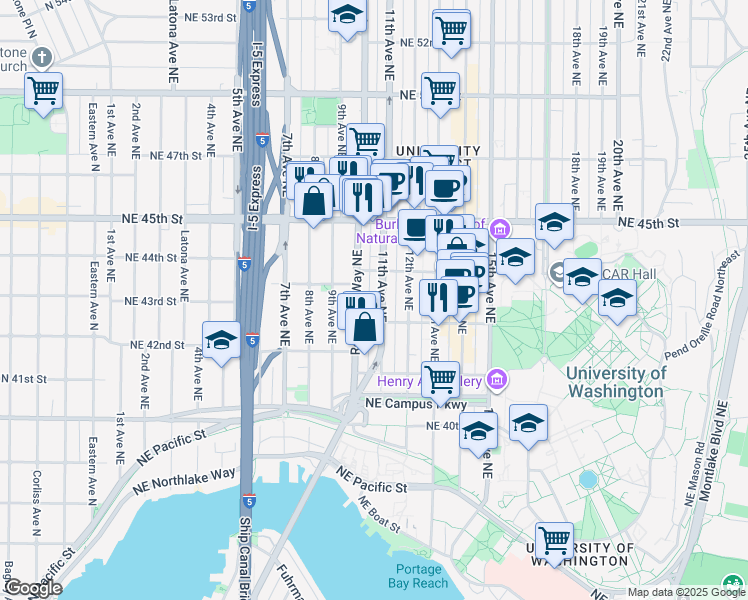 map of restaurants, bars, coffee shops, grocery stores, and more near in Seattle
