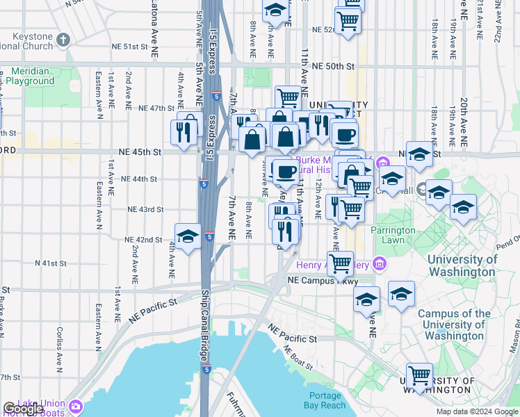 map of restaurants, bars, coffee shops, grocery stores, and more near 817 Northeast 43rd Street in Seattle