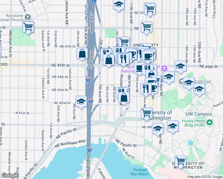 map of restaurants, bars, coffee shops, grocery stores, and more near 817 Northeast 43rd Street in Seattle
