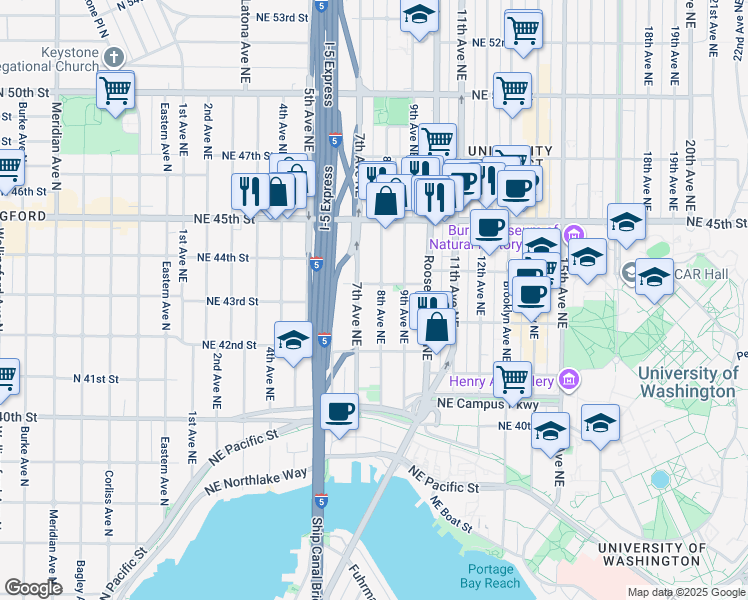 map of restaurants, bars, coffee shops, grocery stores, and more near 706 Northeast 43rd Street in Seattle