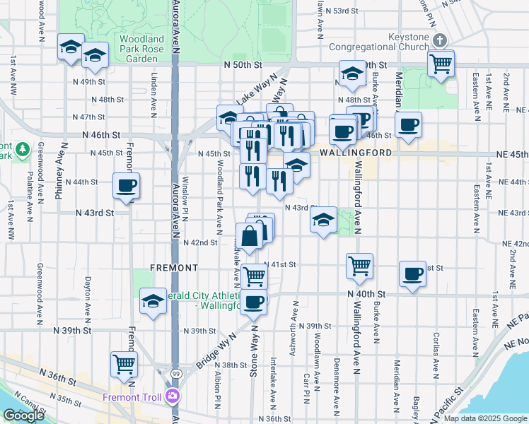 map of restaurants, bars, coffee shops, grocery stores, and more near 1312 North 43rd Street in Seattle