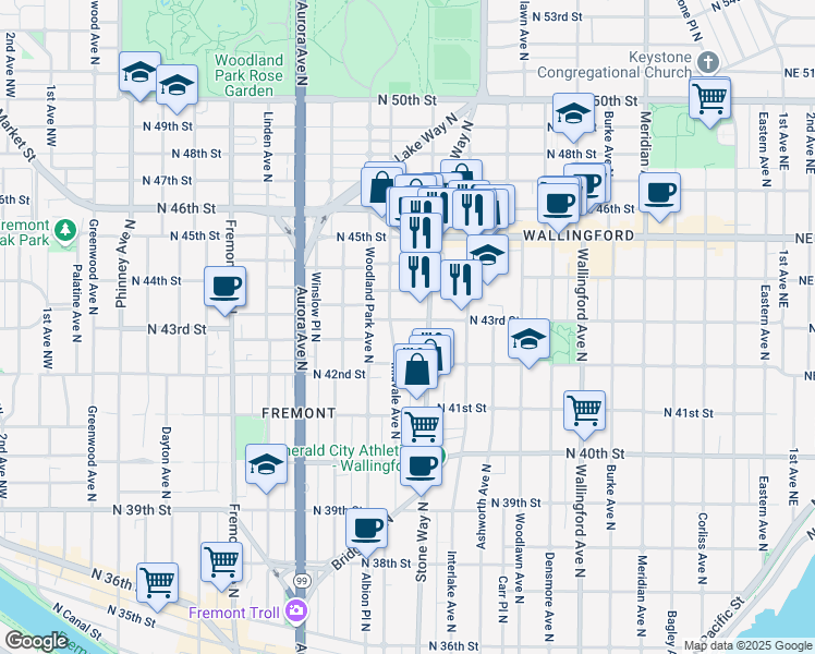 map of restaurants, bars, coffee shops, grocery stores, and more near in Seattle