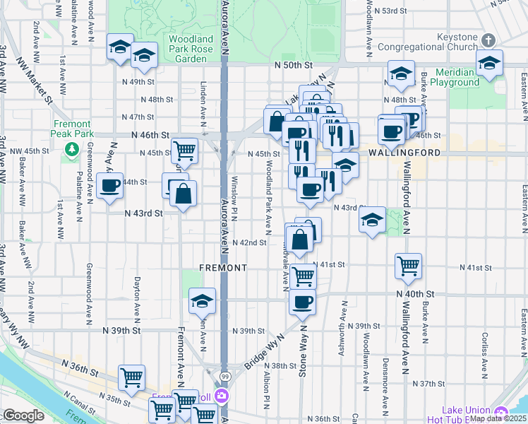 map of restaurants, bars, coffee shops, grocery stores, and more near 4300 Woodland Park Avenue North in Seattle
