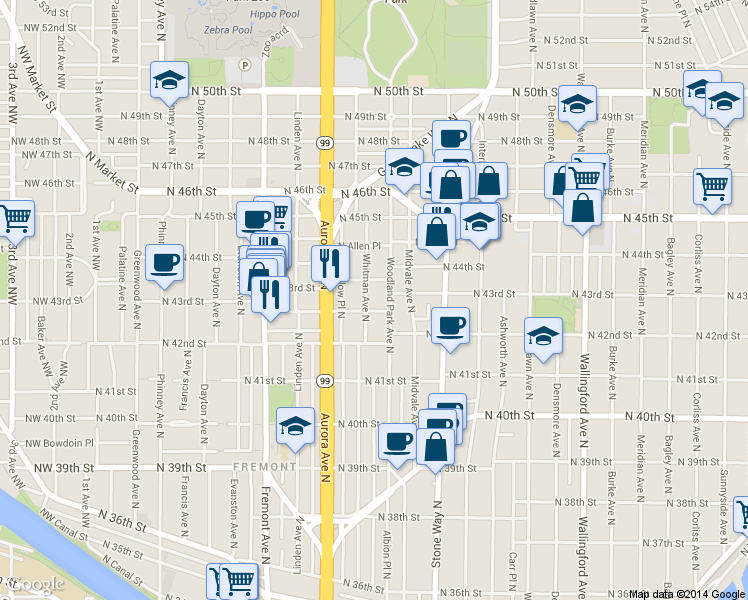 map of restaurants, bars, coffee shops, grocery stores, and more near 959 North 43rd Street in Seattle