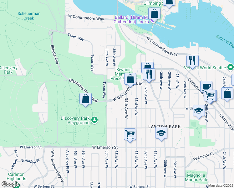 map of restaurants, bars, coffee shops, grocery stores, and more near 3400 West Government Way in Seattle