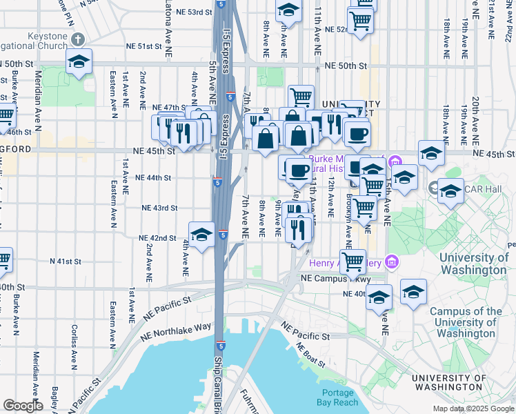 map of restaurants, bars, coffee shops, grocery stores, and more near 4253 8th Avenue Northeast in Seattle