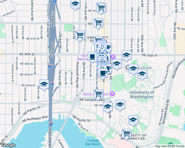 map of restaurants, bars, coffee shops, grocery stores, and more near 4220 12th Avenue Northeast in Seattle