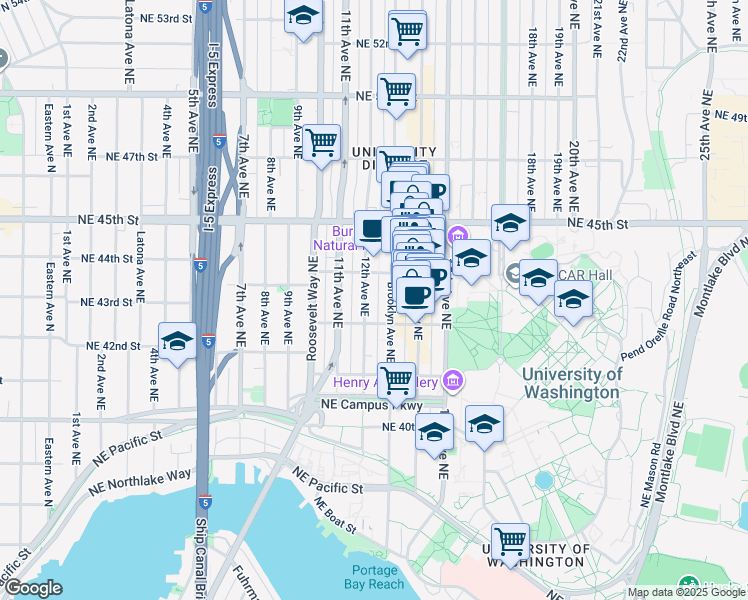 map of restaurants, bars, coffee shops, grocery stores, and more near 4220 12th Avenue Northeast in Seattle