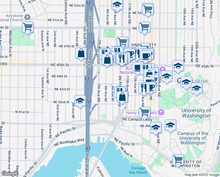 map of restaurants, bars, coffee shops, grocery stores, and more near 817 Northeast 43rd Street in Seattle