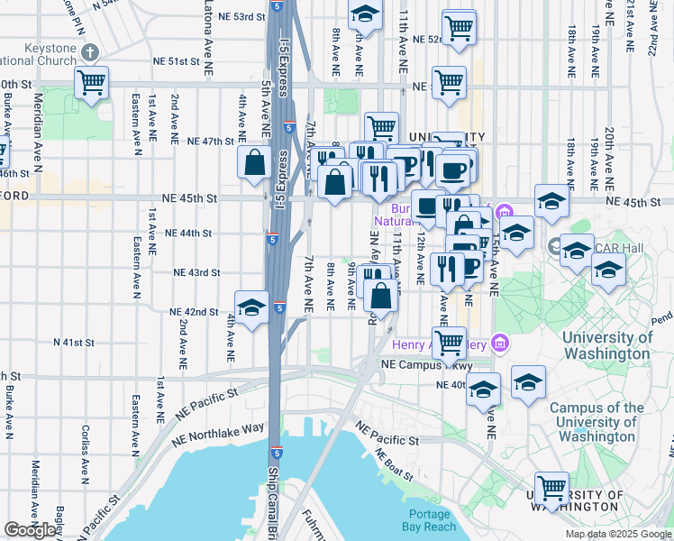 map of restaurants, bars, coffee shops, grocery stores, and more near 817 Northeast 43rd Street in Seattle