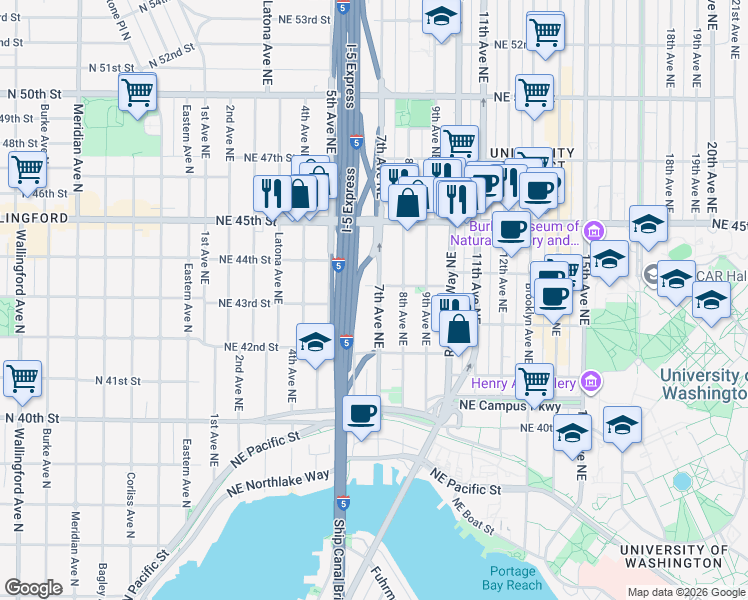map of restaurants, bars, coffee shops, grocery stores, and more near 706 Northeast 43rd Street in Seattle