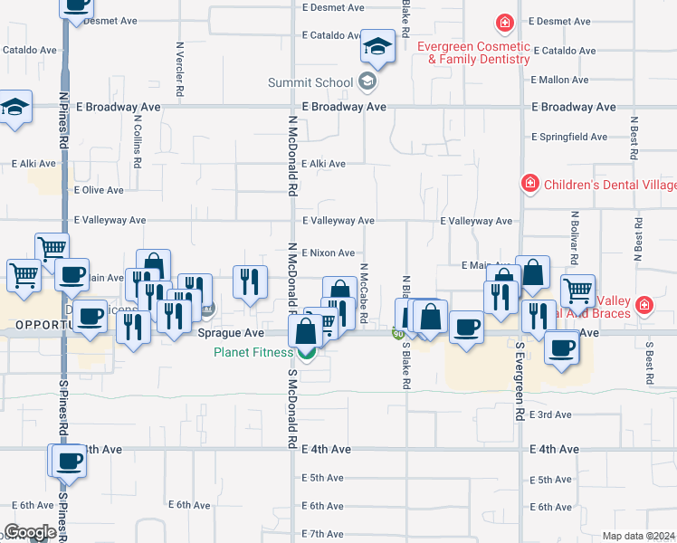 map of restaurants, bars, coffee shops, grocery stores, and more near 13215 East Main Avenue in Spokane Valley