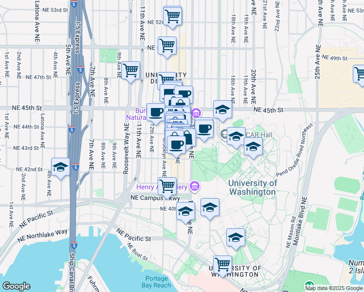 map of restaurants, bars, coffee shops, grocery stores, and more near 4244 University Way Northeast in Seattle