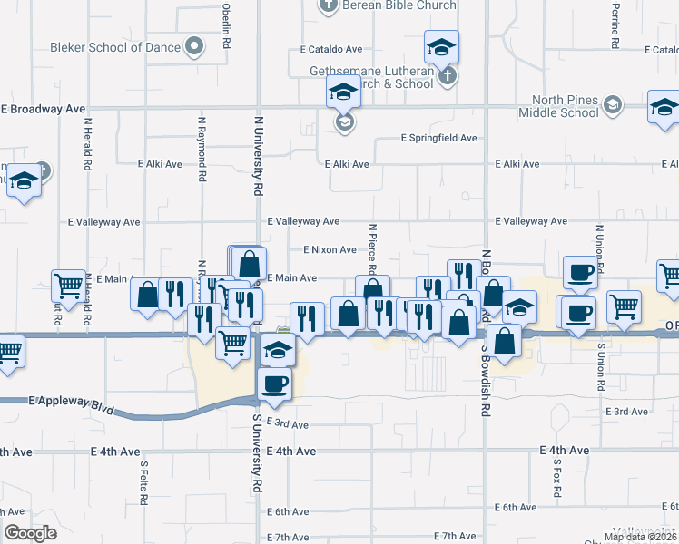 map of restaurants, bars, coffee shops, grocery stores, and more near 10910 East Nixon Avenue in Spokane Valley