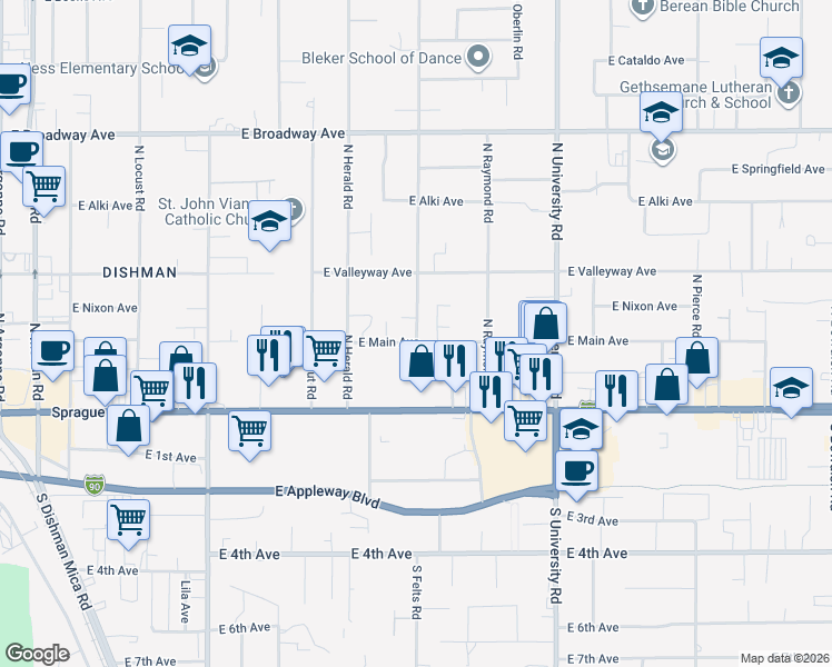 map of restaurants, bars, coffee shops, grocery stores, and more near 223 North Felts Road in Spokane Valley