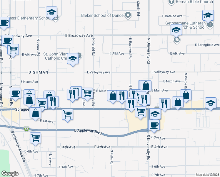 map of restaurants, bars, coffee shops, grocery stores, and more near 223 North Felts Road in Spokane Valley
