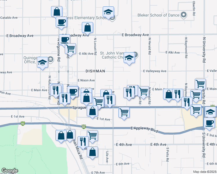 map of restaurants, bars, coffee shops, grocery stores, and more near 212 North Locust Road in Spokane Valley
