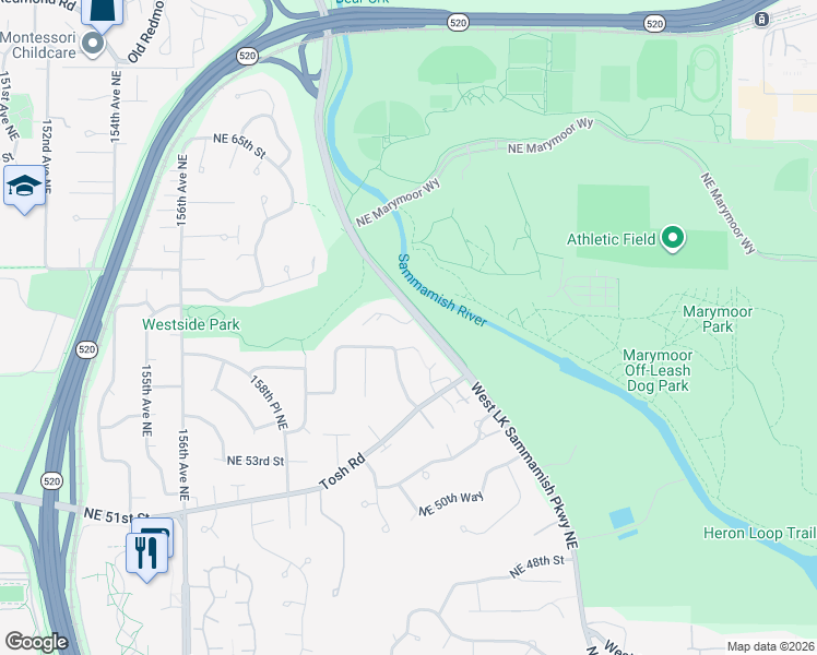 map of restaurants, bars, coffee shops, grocery stores, and more near 16216 Northeast 58th Court in Redmond