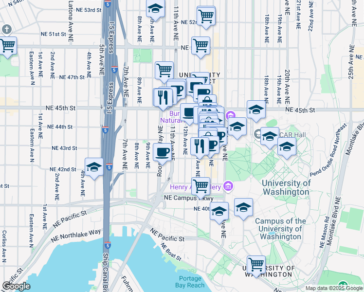 map of restaurants, bars, coffee shops, grocery stores, and more near 4235 12th Avenue Northeast in Seattle