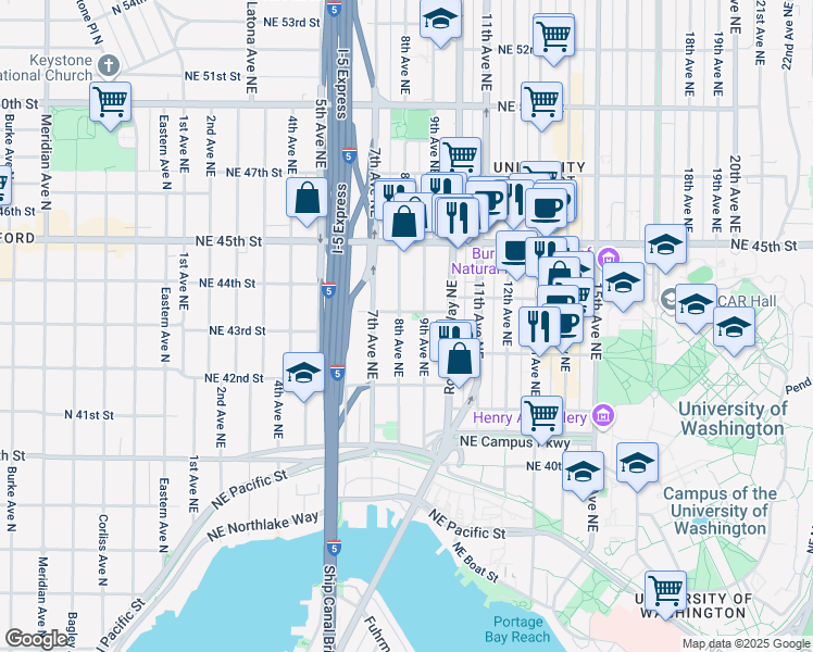 map of restaurants, bars, coffee shops, grocery stores, and more near 817 Northeast 43rd Street in Seattle